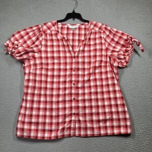 CJ Banks Top Womens Plus 1X Maroon Plaid Button Up‎ Short Sleeve Country Farm